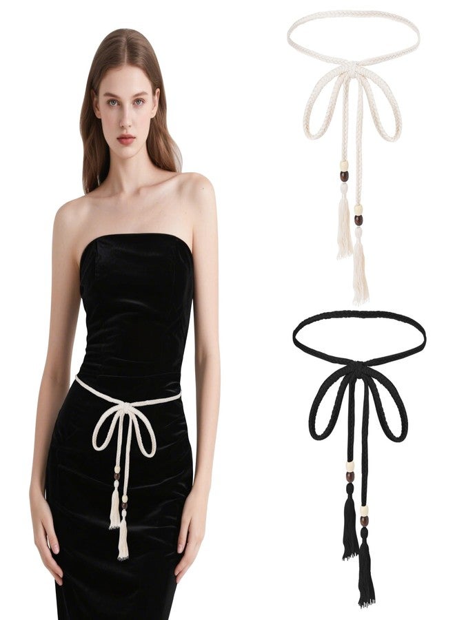 Suohheh 2 Pcs Tassel Braided Waist Belt for Women Trendy, Thin Boho Rope Belts for Women Cotton Rope Chain Ties Waistband for Cloth Tunics Beaded Skirt Dress Pants Robe Bowknot Decorative(Black & Beige) - Image 1